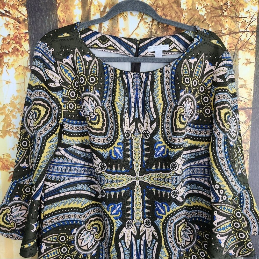 Retro Belle Sleeve Dress NY & Company Size XL Stretch Green Gogo Costume Hippy - Picture 3 of 14